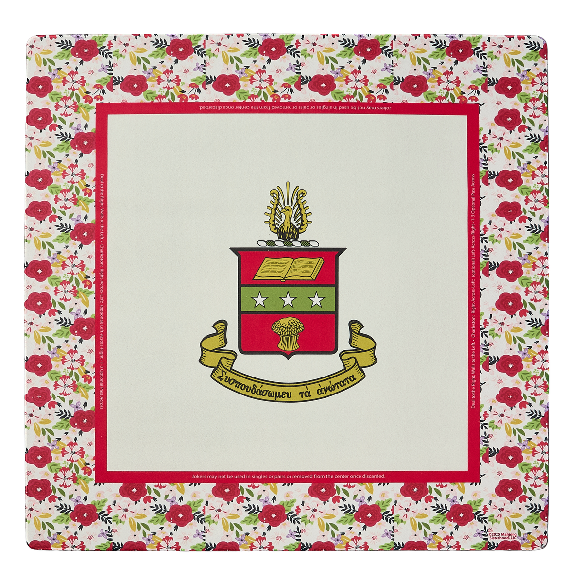 Alpha Chi Omega mahjong mat with floral border and central coat of arms design