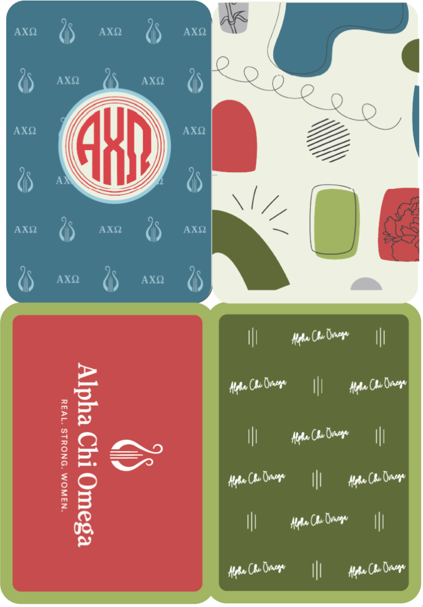 Four shuffler cards with Alpha Chi Omega logo and designs