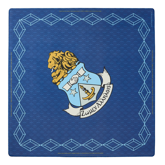 Decorative mahjong mat with a lion emblem and text on a blue background