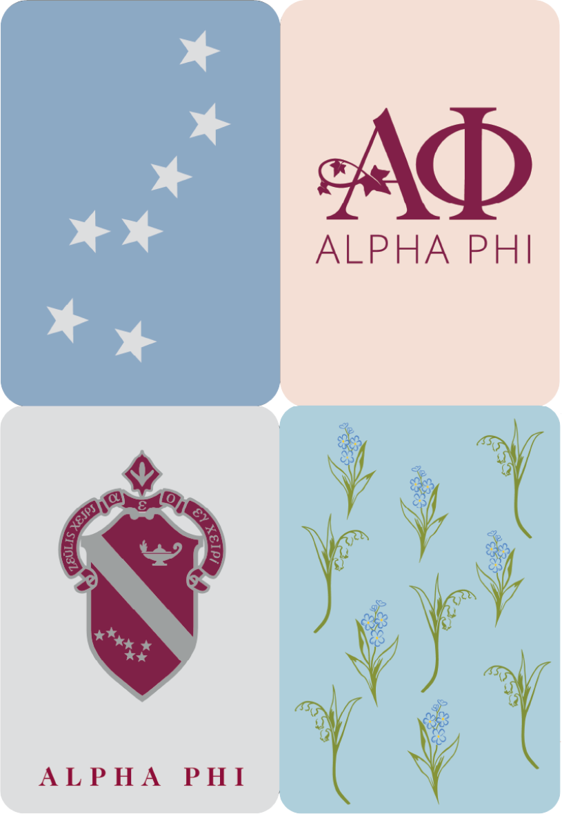 Four Mahjong shuffler cards featuring Alpha Phi symbols and designs