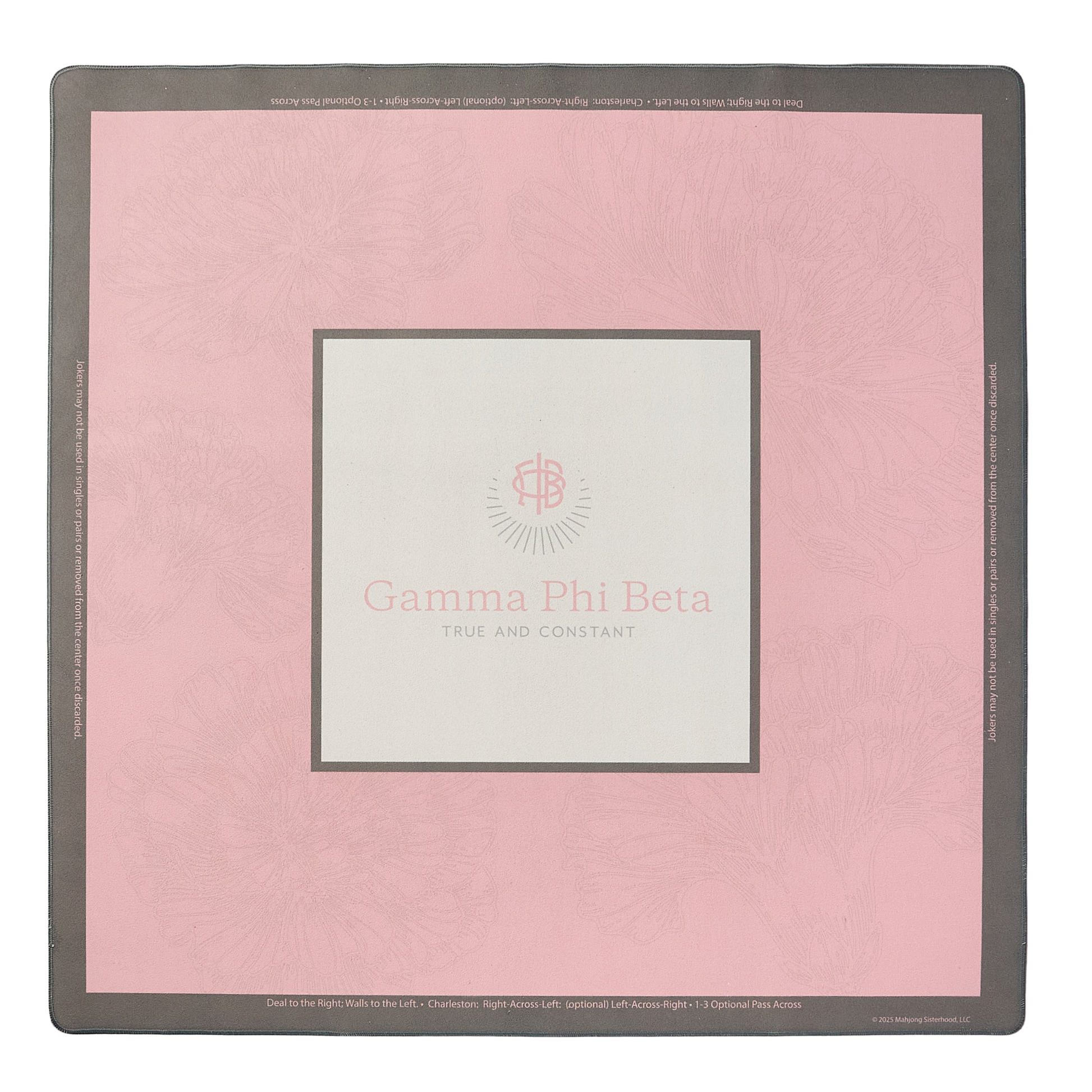 Gamma Phi Beta mahjong mat with Gamma Phi Beta logo and "True and Constant" text
