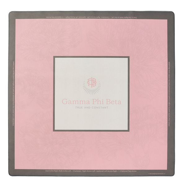 Gamma Phi Beta mahjong mat with Gamma Phi Beta logo and "True and Constant" text