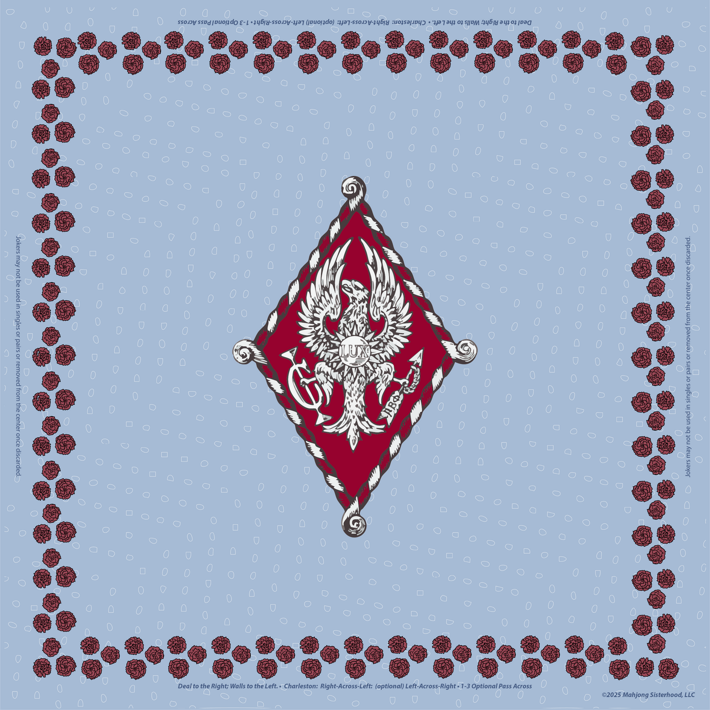 Pi Beta Phi Coat of Arms on silver blue background with red carnation boarder.f