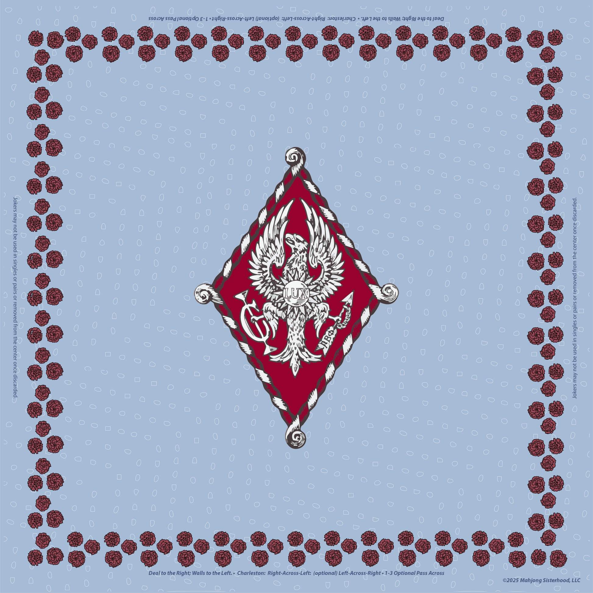 Pi Beta Phi Coat of Arms on silver blue background with red carnation boarder.f