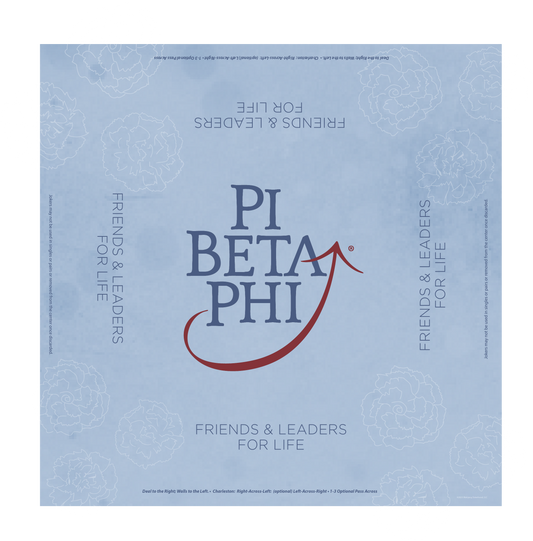 Pi Beta Phi logo on  silver blue background with a subtle  carnation pattern

