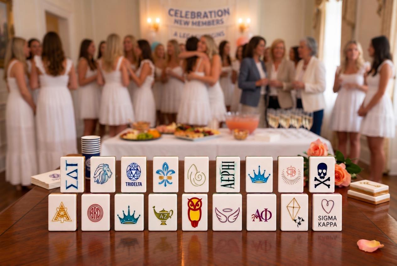 Authentic sorority mahjong tiles on a table in front of a new members celebration